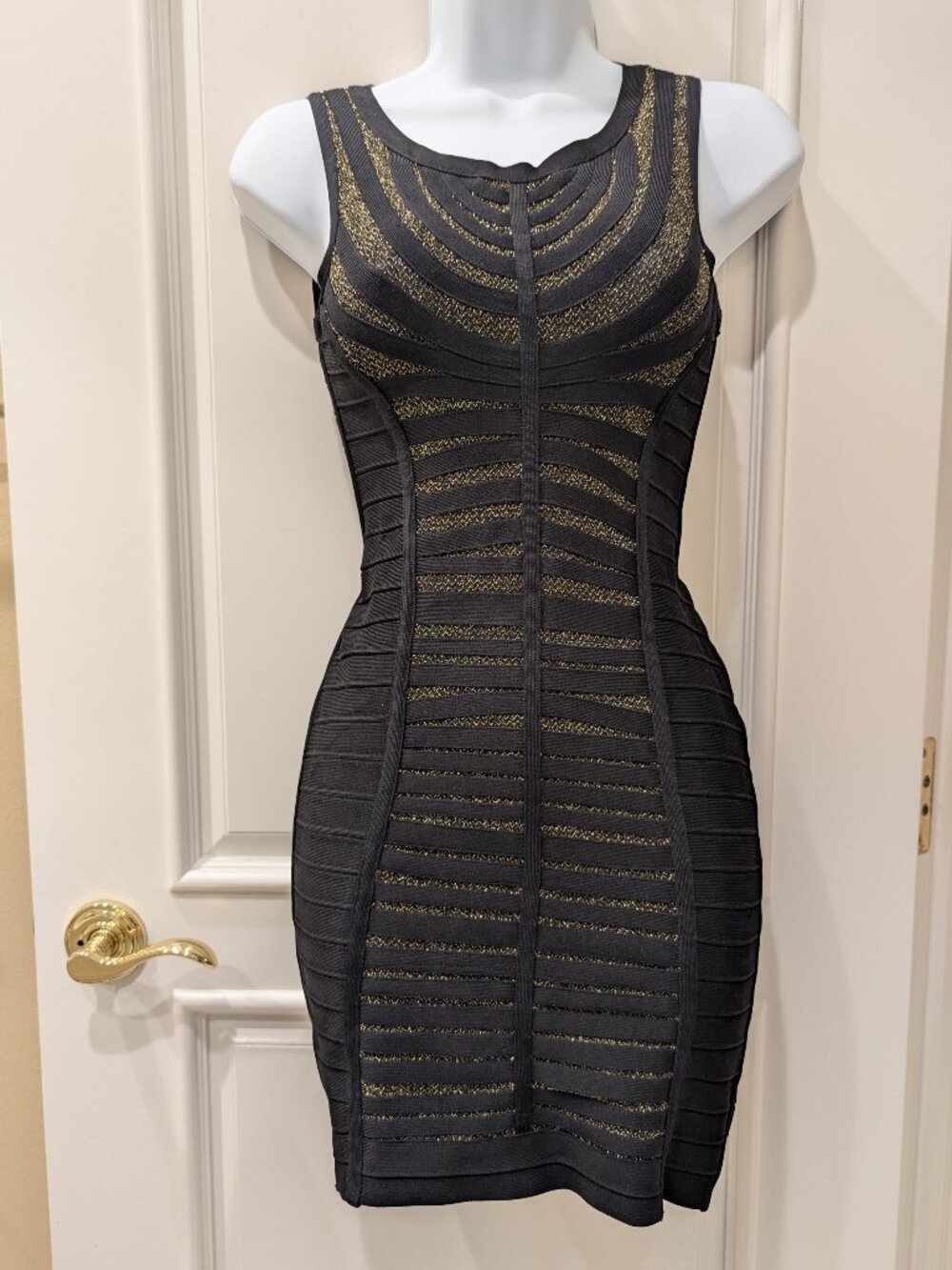 USA Size S, China Size L, Bodycon Bandage Strap Mini Dress Striped in Black Gold